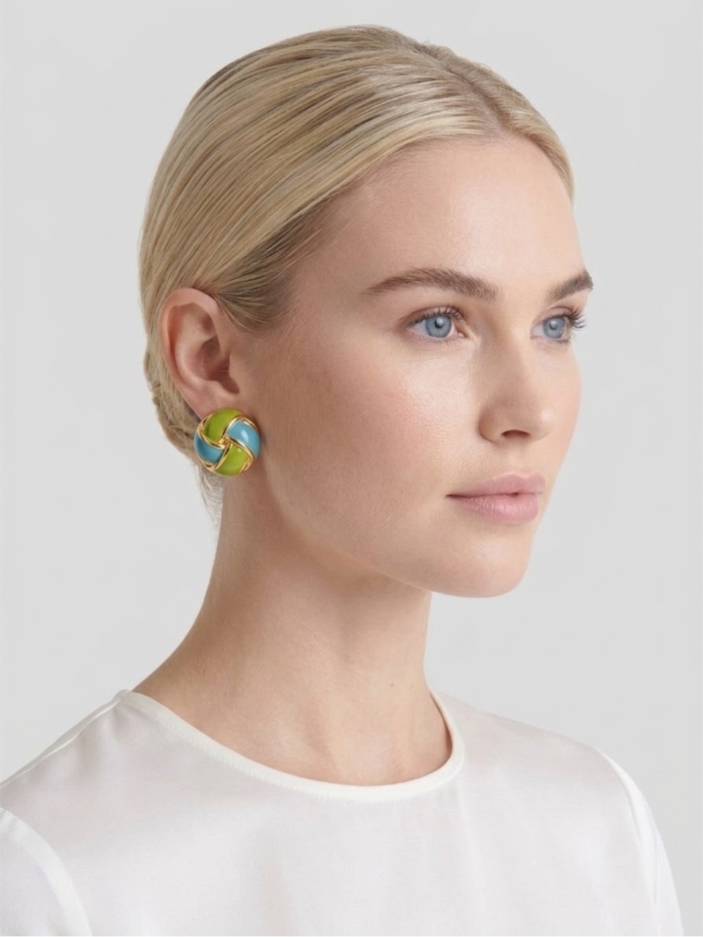 Gay Boyer Elegant Gold and Green-Blue Knot Earrings